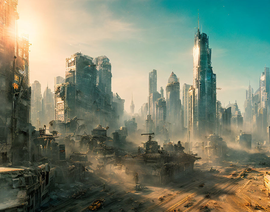 Dilapidated skyscrapers and military vehicles in post-apocalyptic cityscape