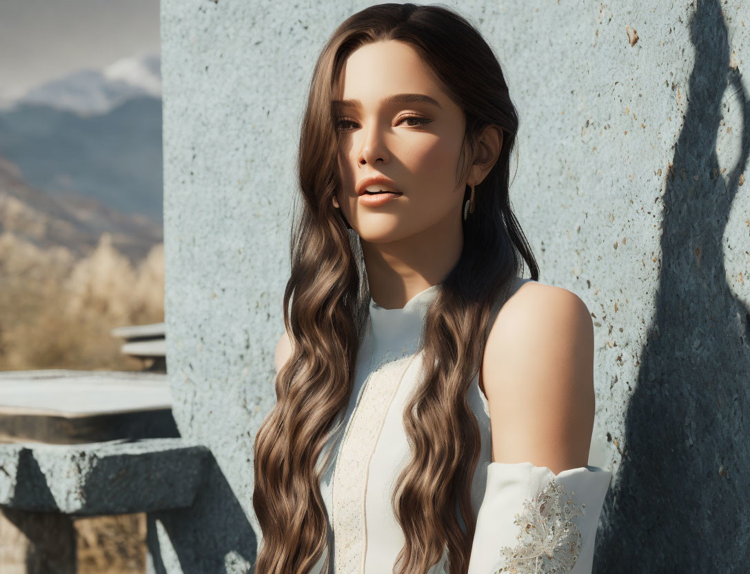 Long-haired woman with makeup posing by rustic wall against mountain landscape