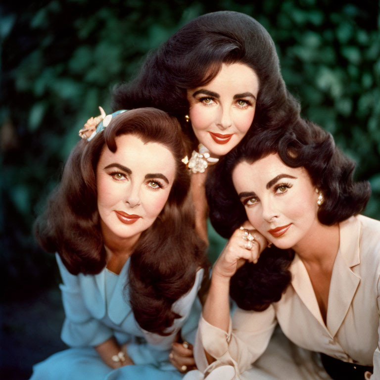 Three women with voluminous dark hair and striking makeup in blue blouses pose closely together.