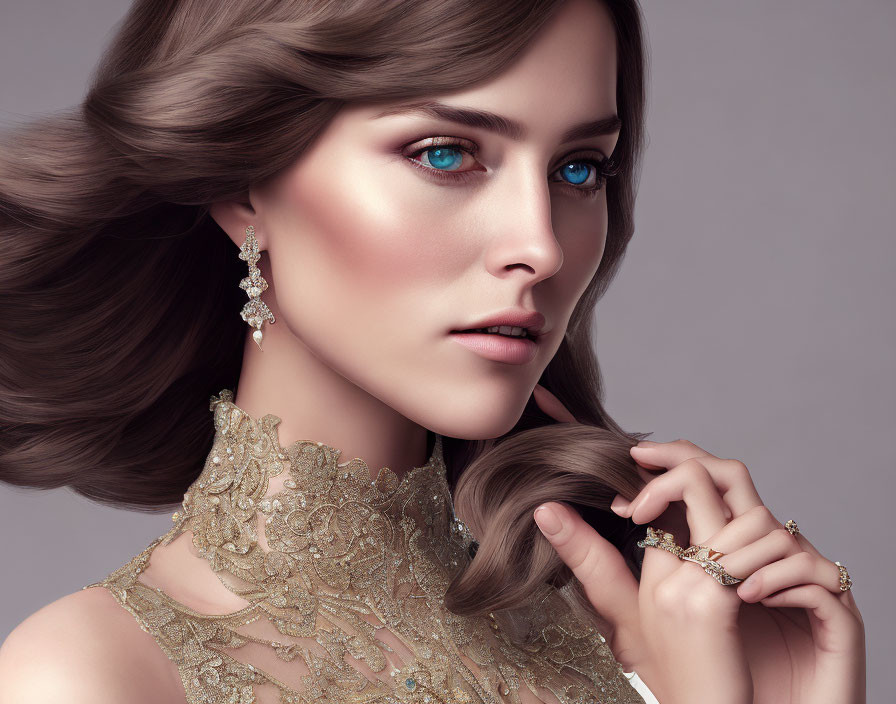 Portrait of a woman with blue eyes, brown hair, golden earrings, and lace dress posing gracefully