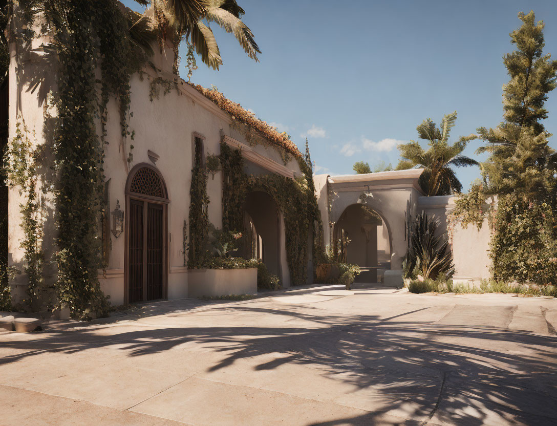 Mediterranean-style courtyard with ivy walls and palm trees