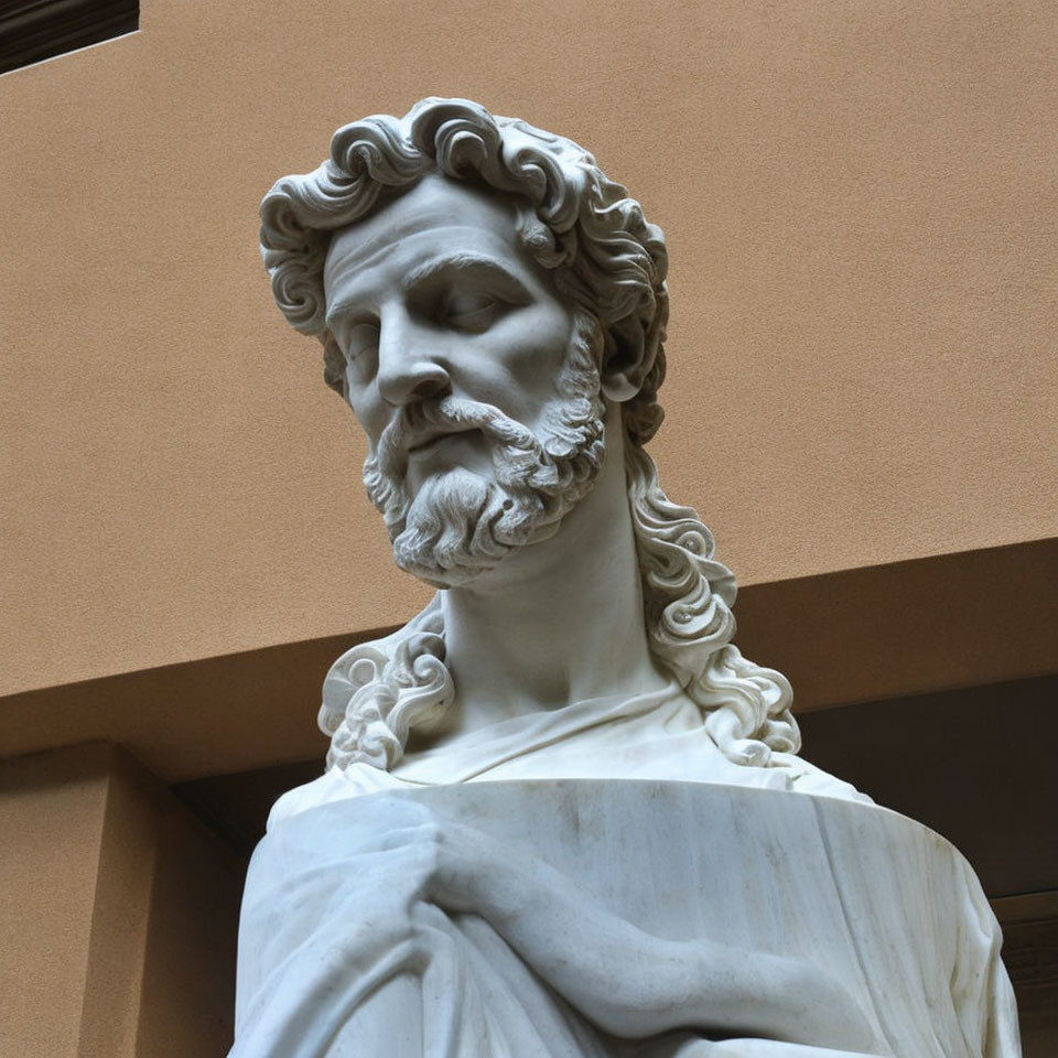 Bearded man marble statue in toga, curly hair, side gaze