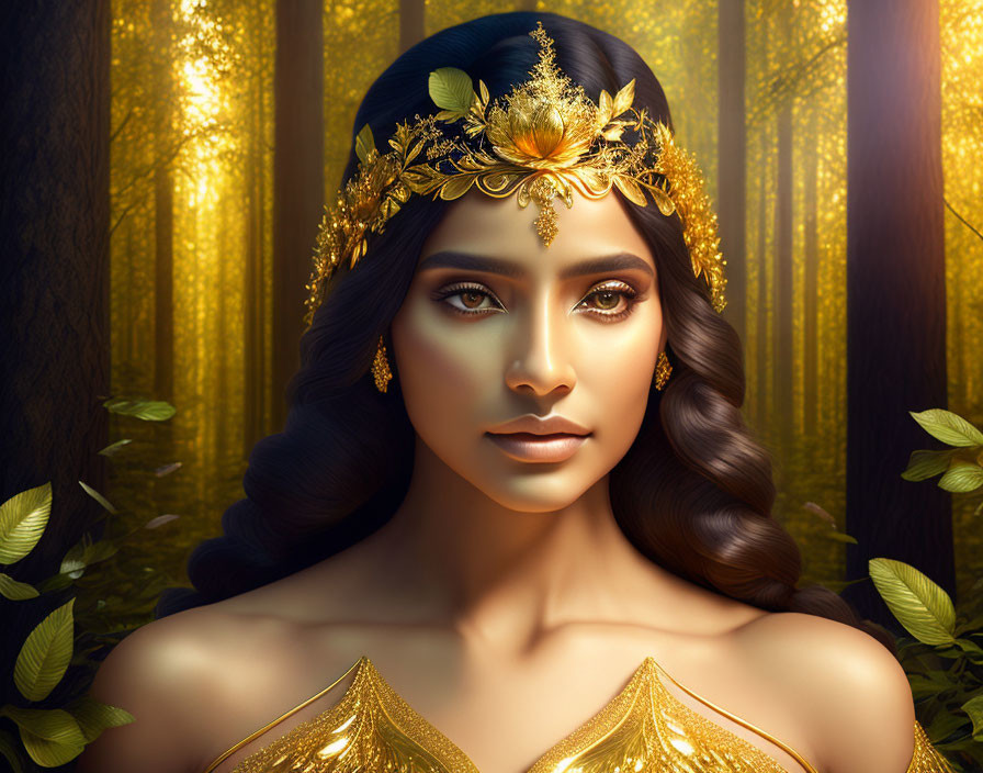 Golden headpiece and gown on woman in mystical forest surrounded by light and leaves