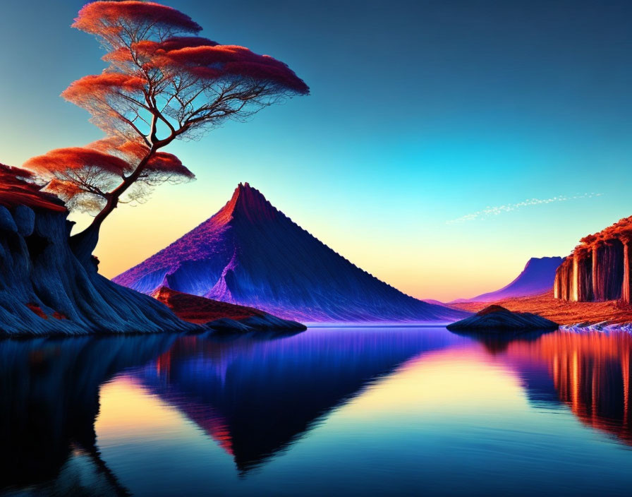 Vibrant landscape with fiery orange tree, blue mountains, and colorful sunset reflected in water