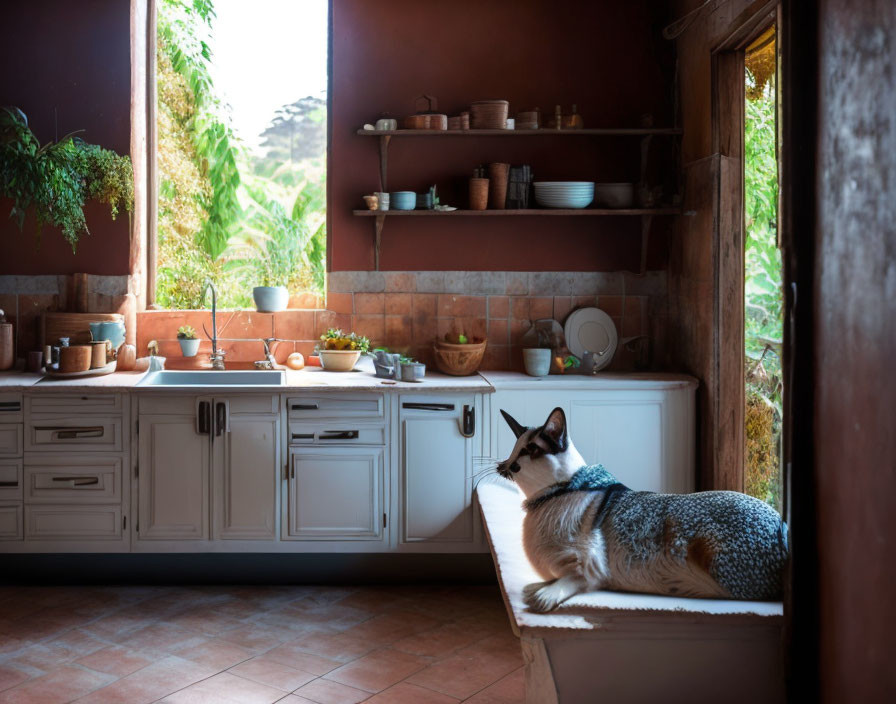 Sunlit kitchen with open shelves, white cabinets, and a dog resting on a bench