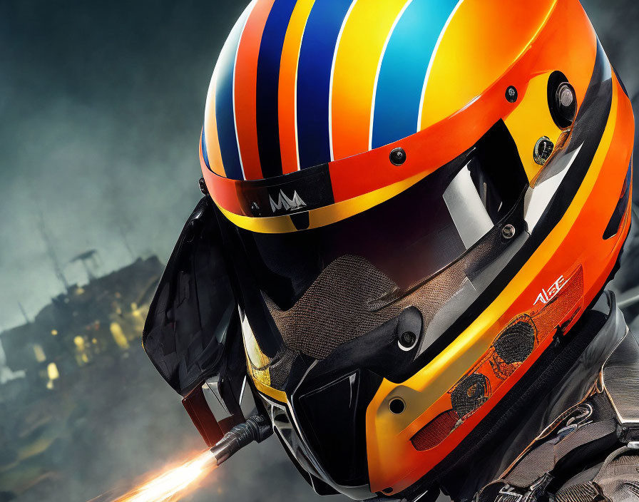 Colorful Racing Helmet Close-Up Against Industrial Background