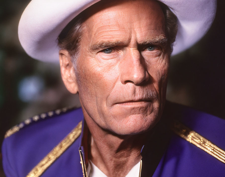 Serious man in white cowboy hat and blue shirt with gold epaulettes