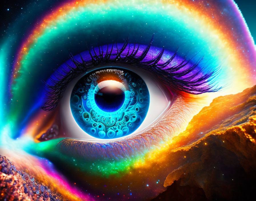 Vibrant colorful eye with cosmic starry effect and rainbow aura