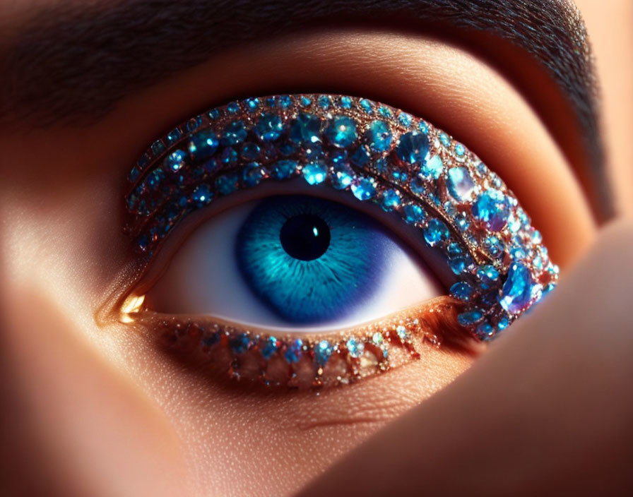 Blue Eye with Sparkling Jewel Makeup and Vibrant Tones