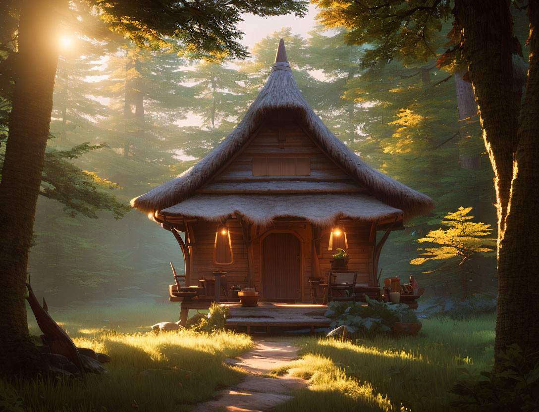 Thatched Roof Wooden Hut in Sunlit Forest Clearing