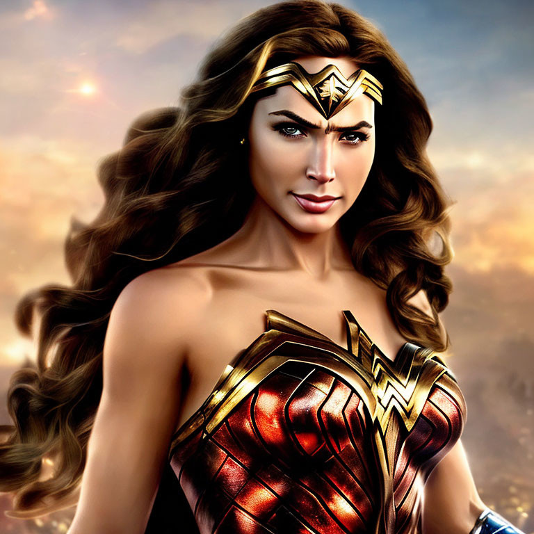 Female superhero illustration with long wavy hair, tiara, and golden "W" emblem on armored