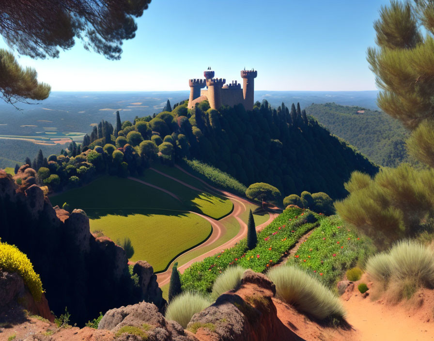 Majestic castle on lush hill with winding road and green fields