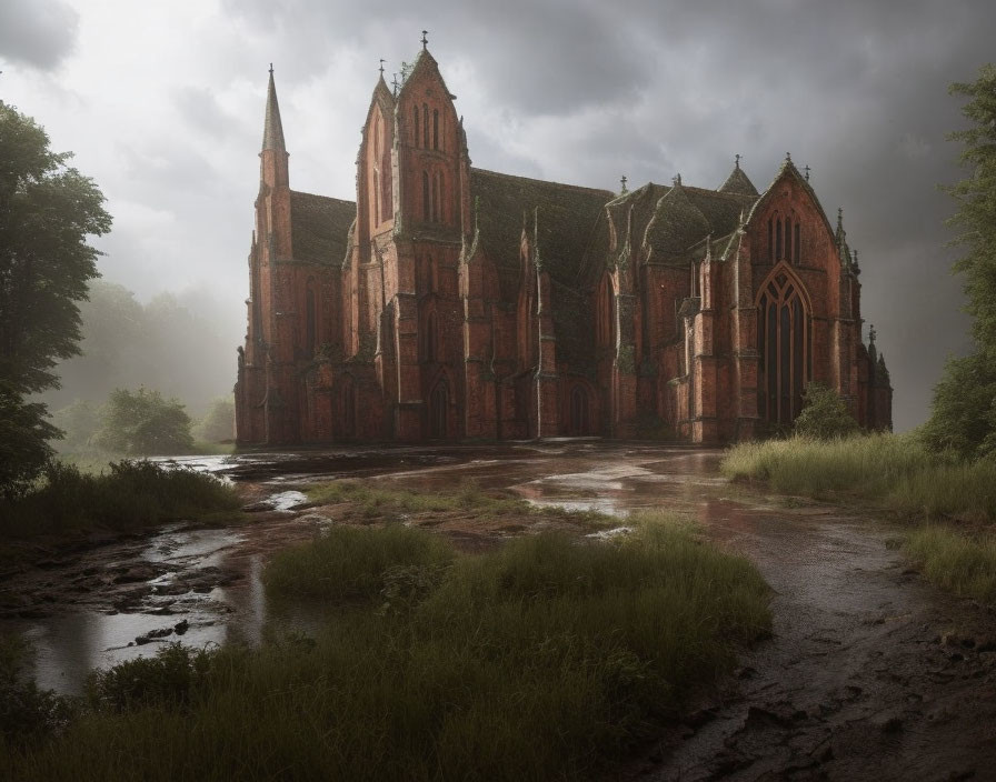 Gothic-style red brick church in misty landscape with muddy path and dense trees.