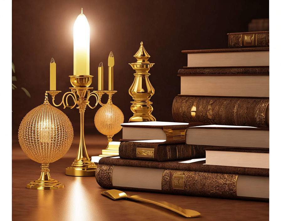 Warm-toned still life with candles, spheres, bookmark, and antique books on table