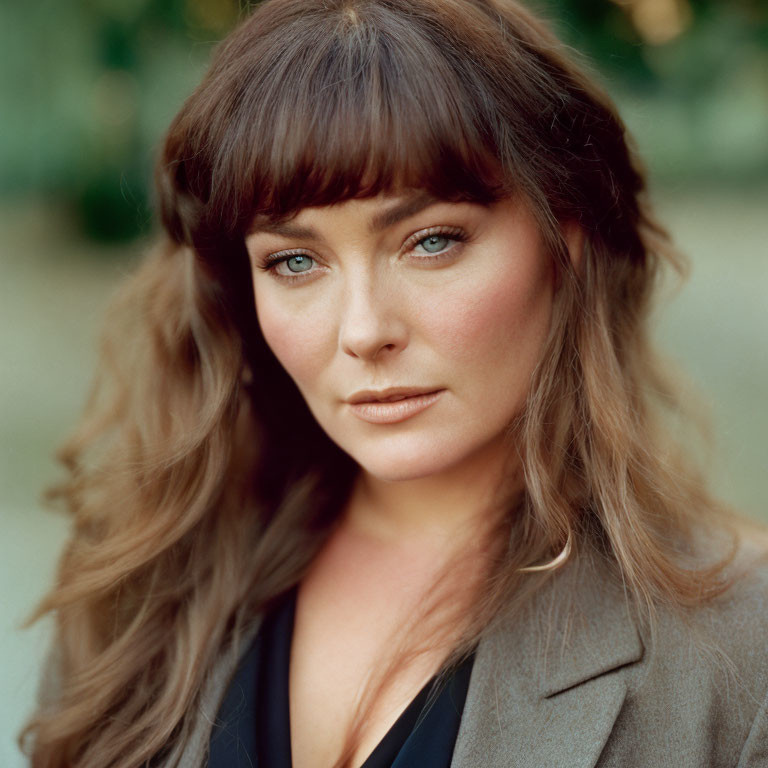 Woman portrait with long wavy brown hair, bangs, green eyes, dark top, grey bl