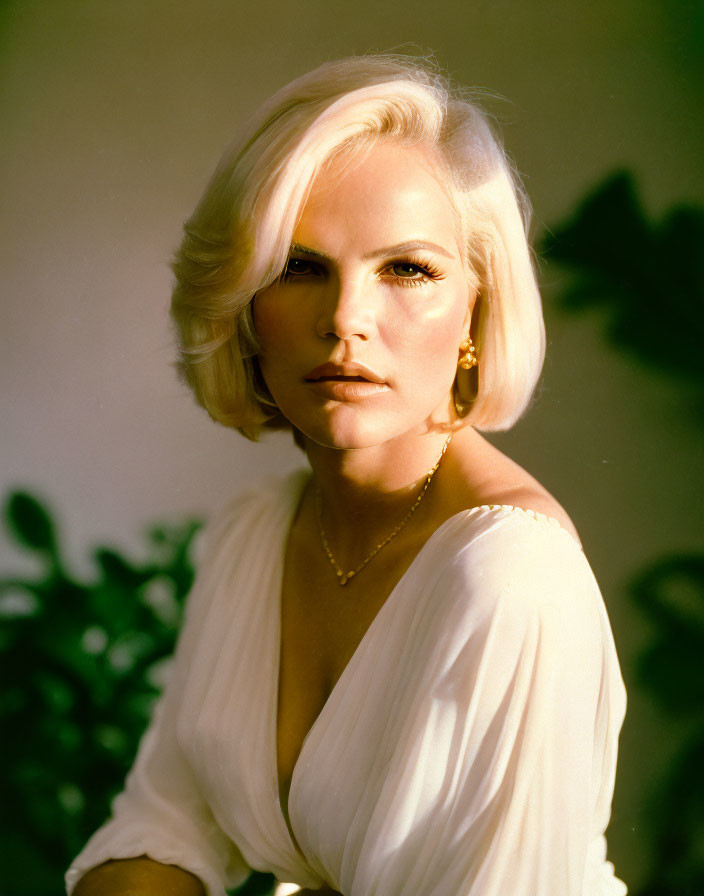 Blonde woman in white dress under warm lighting with plant shadow