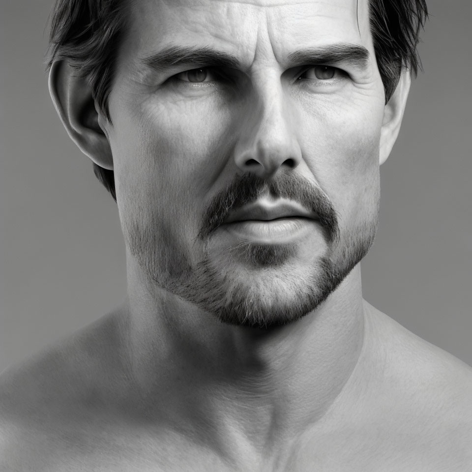 Monochrome portrait of man with stubble and intense gaze