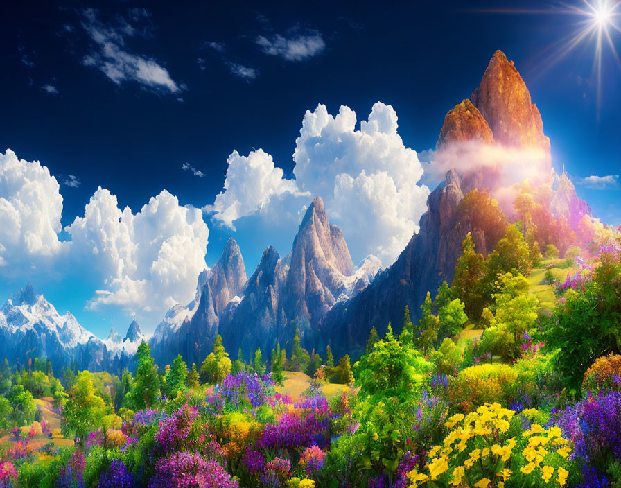 Colorful flowers, majestic mountains, sunny sky: A picturesque landscape scene.