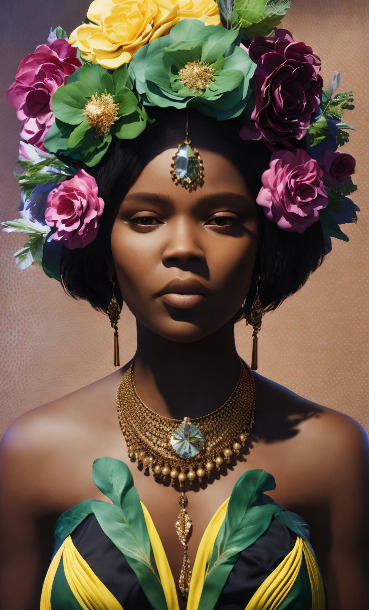 Woman with Striking Makeup and Floral Headpiece on Textured Background