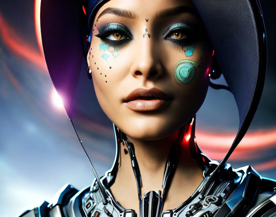 Futuristic female android with blue digital patterns and artistic makeup