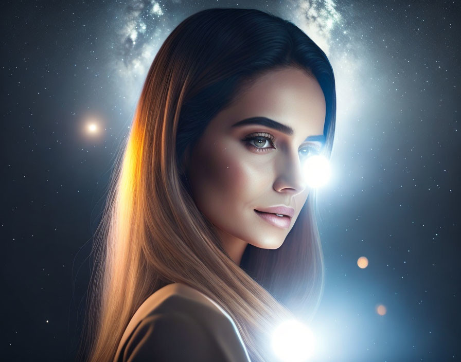 Serene woman with glowing eyes in cosmic backdrop