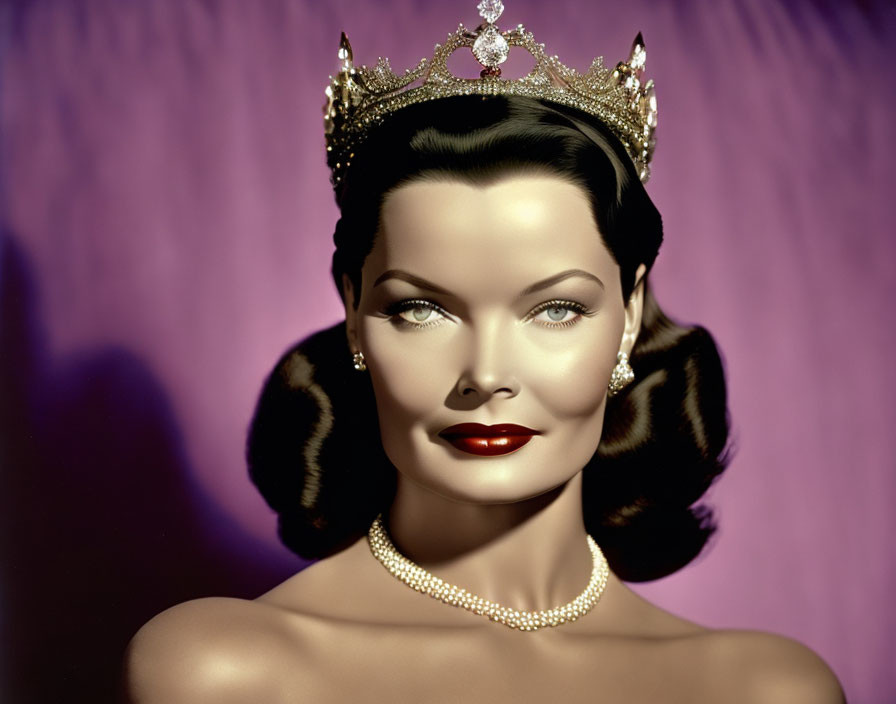 Vintage Portrait of Woman with Crown, Pearl Necklace, and Glamorous Makeup on Purple Background