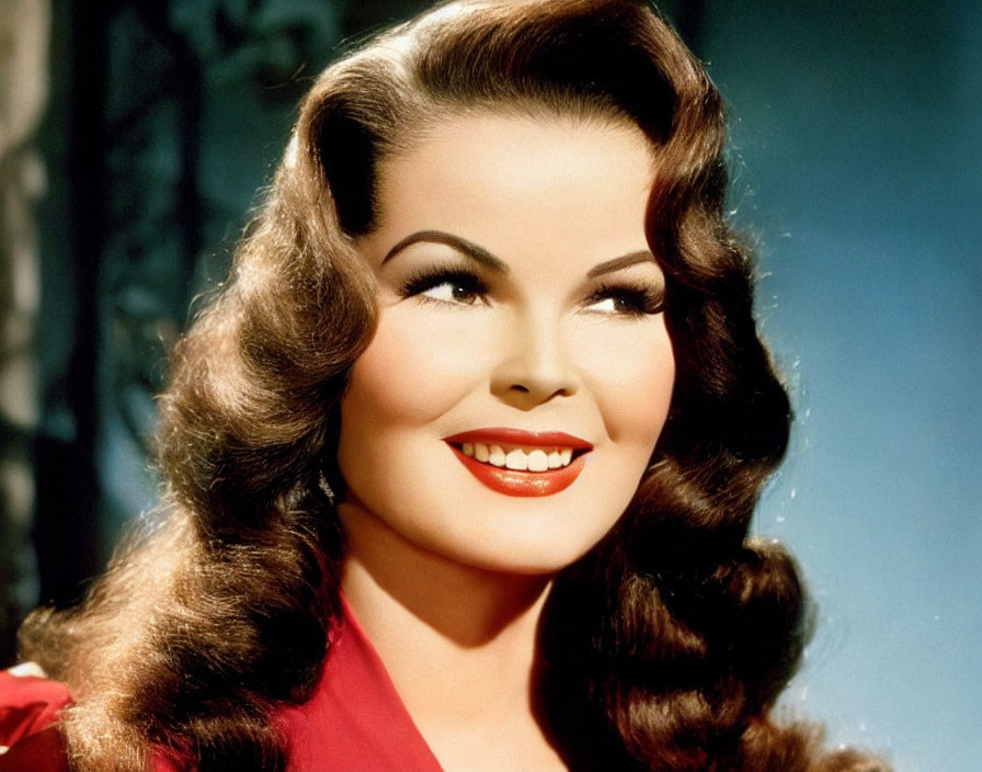 Smiling woman with wavy hair and red lipstick in vintage portrait