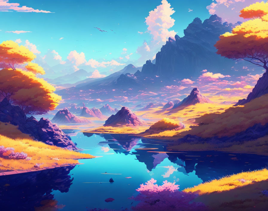 Serene landscape with colorful trees and mountains