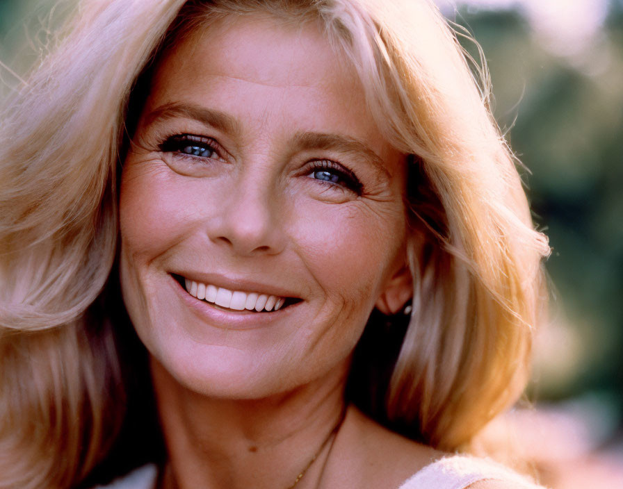 Blonde woman with blue eyes smiling in close-up portrait