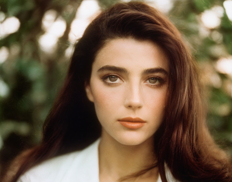 Portrait of young woman with dark eyebrows and brown eyes in white top