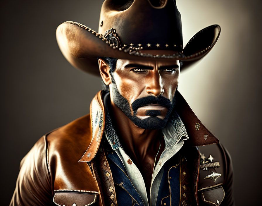 Digital artwork of rugged man with mustache and beard in cowboy hat and leather clothing with star badges.