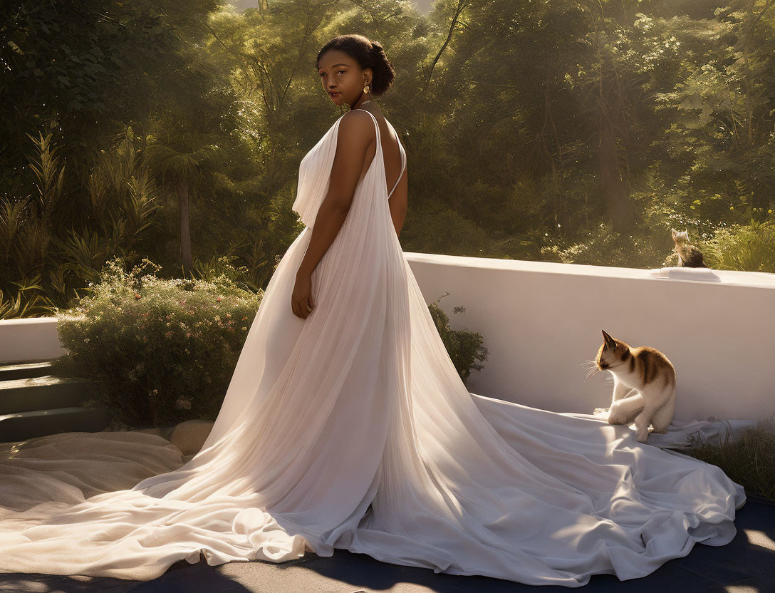 Woman in white dress with long train in serene garden with cat nearby