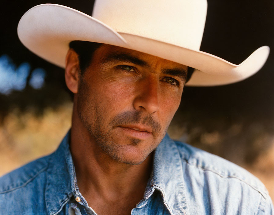 Cowboy hat and denim shirt on rugged man with mustache.