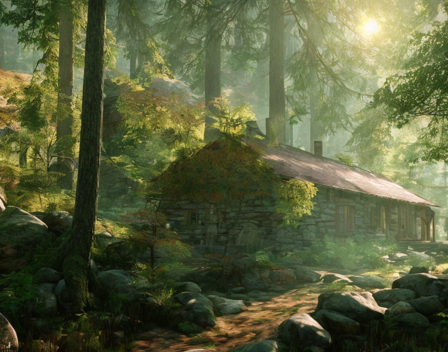 Stone cottage in misty forest with sunlight and green foliage