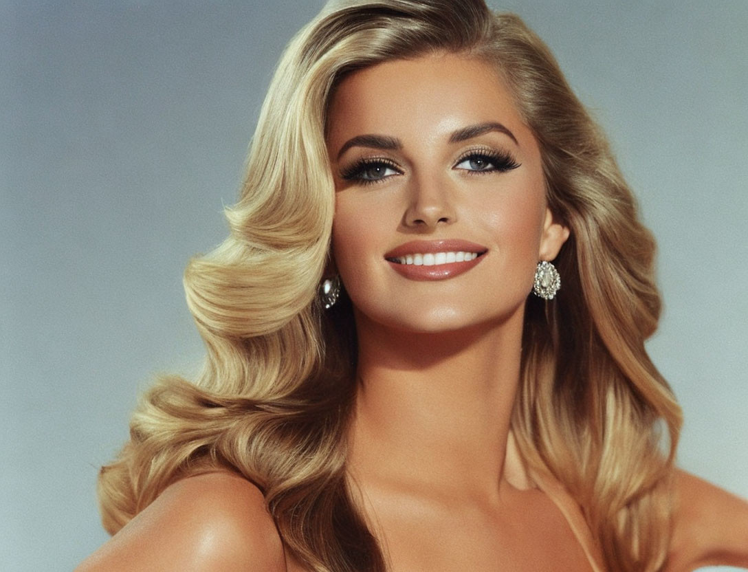 Blonde woman with blue eyes and diamond earrings smiling on grey background