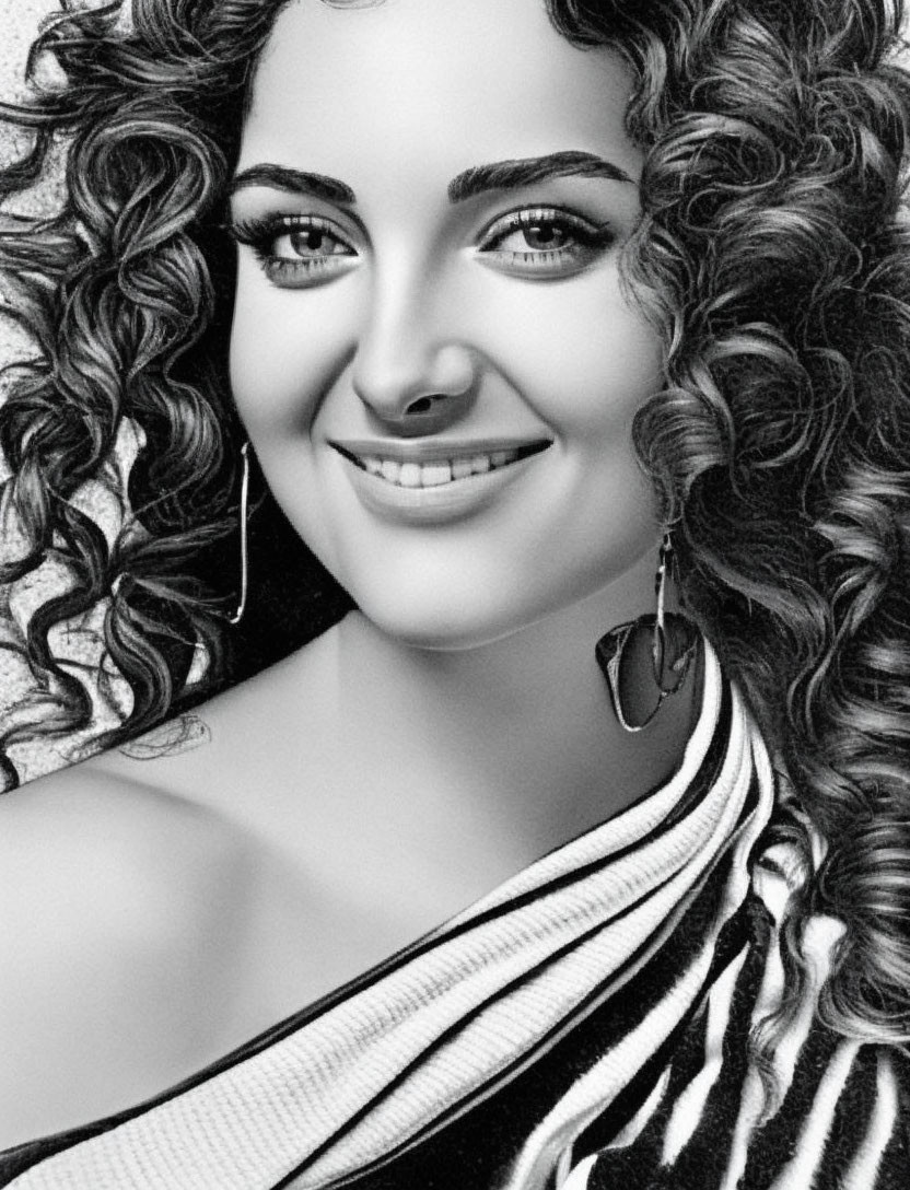 Monochrome illustration of smiling woman with curly hair and hoop earrings