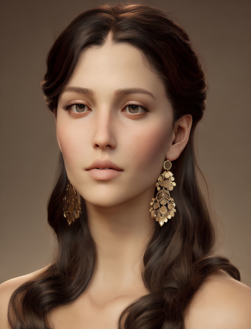 Portrait of Woman with Wavy Hair and Striking Earrings