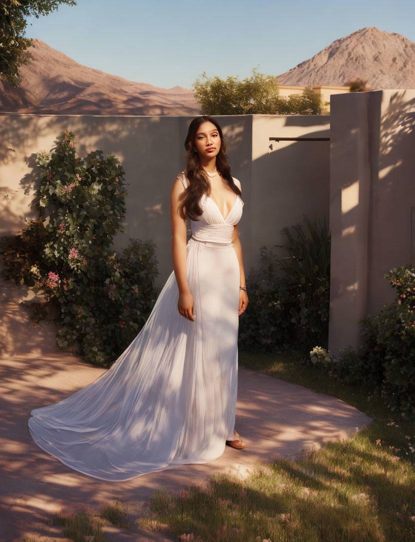 Woman in elegant white dress in serene garden with mountains in background.