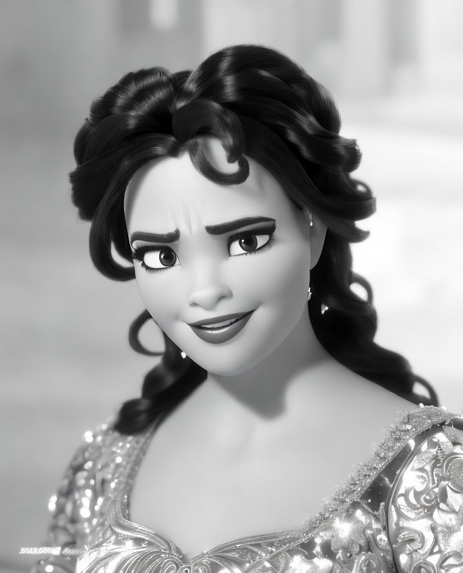 Elegant 3D Animated Female Character in Grayscale