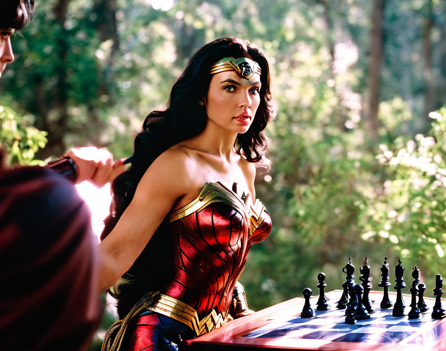 Person in Wonder Woman costume gazes away from chessboard in forest with sun rays.