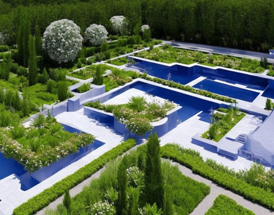 Symmetrical geometric garden with blue walkways and lush greenery