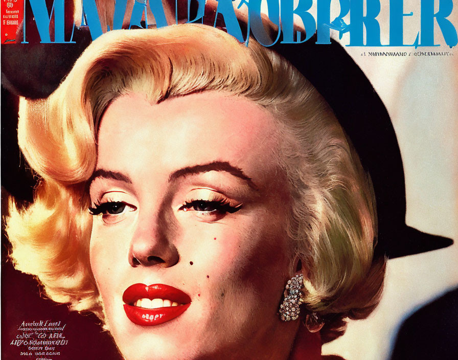 Glamorous blonde woman on vintage magazine cover with red lipstick