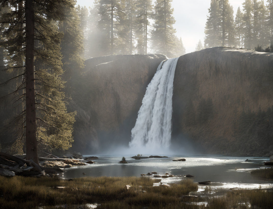 Majestic waterfall flowing into serene river surrounded by forest