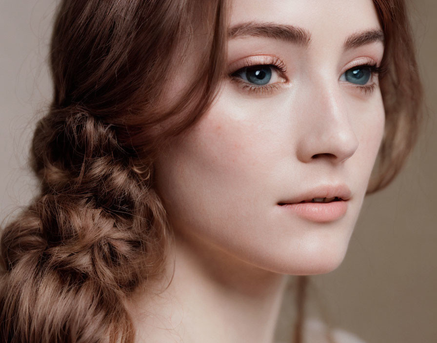 Portrait of woman with braided hair, fair skin, and blue eyes.