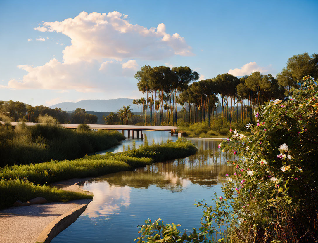 Tranquil lake with lush greenery, palm trees, and bridge under clear sky.