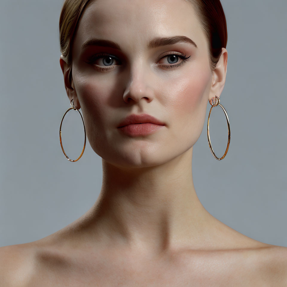 Woman portrait with sleek hair, subtle makeup, and large hoop earrings