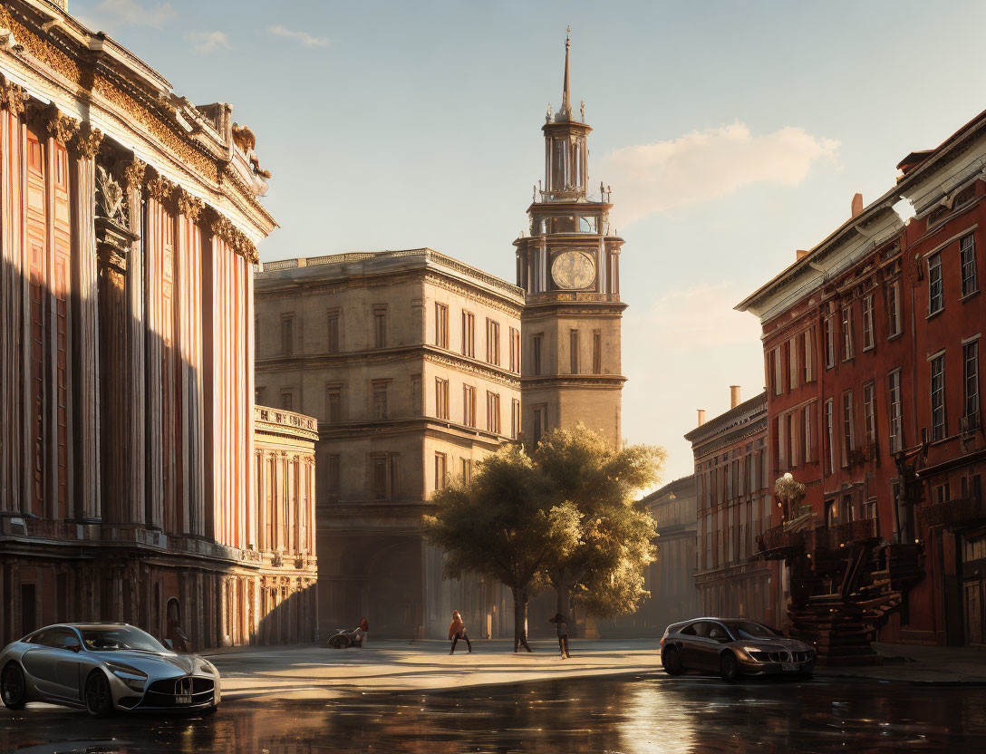 Historical city square at sunset with clock tower and luxury car