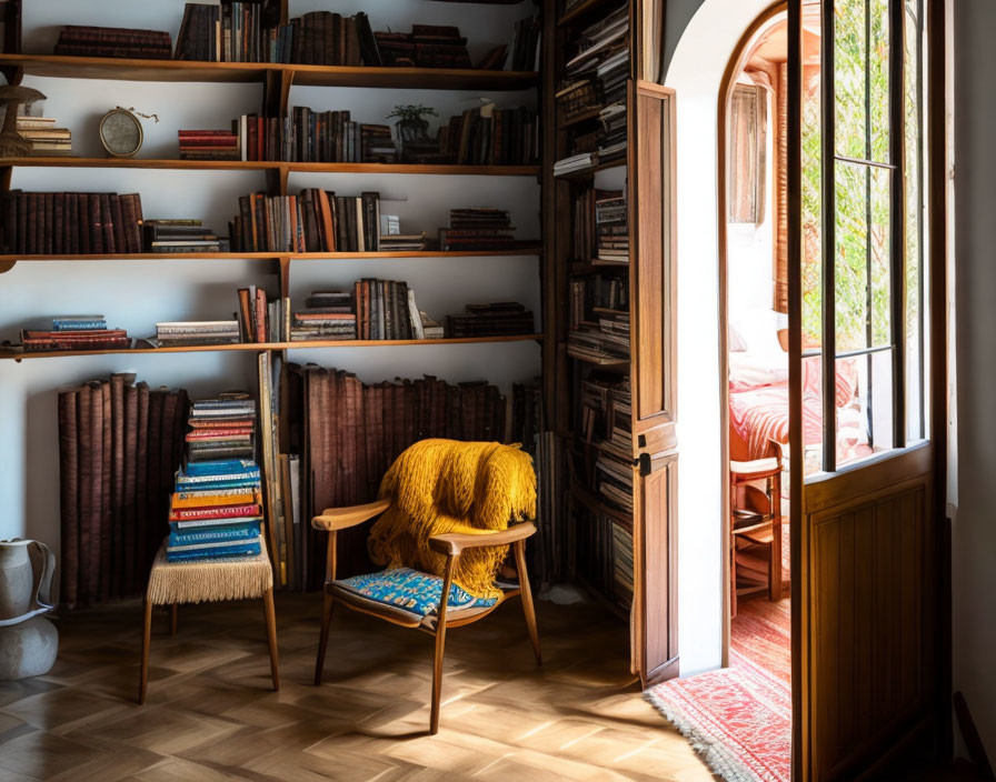 Warm Reading Nook with Wooden Chair, Yellow Throw, Bookshelves, and Sunlit Arch Door