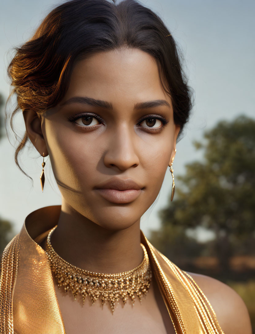 Portrait of woman in gold dress with golden jewelry, styled hair, gazing at camera.