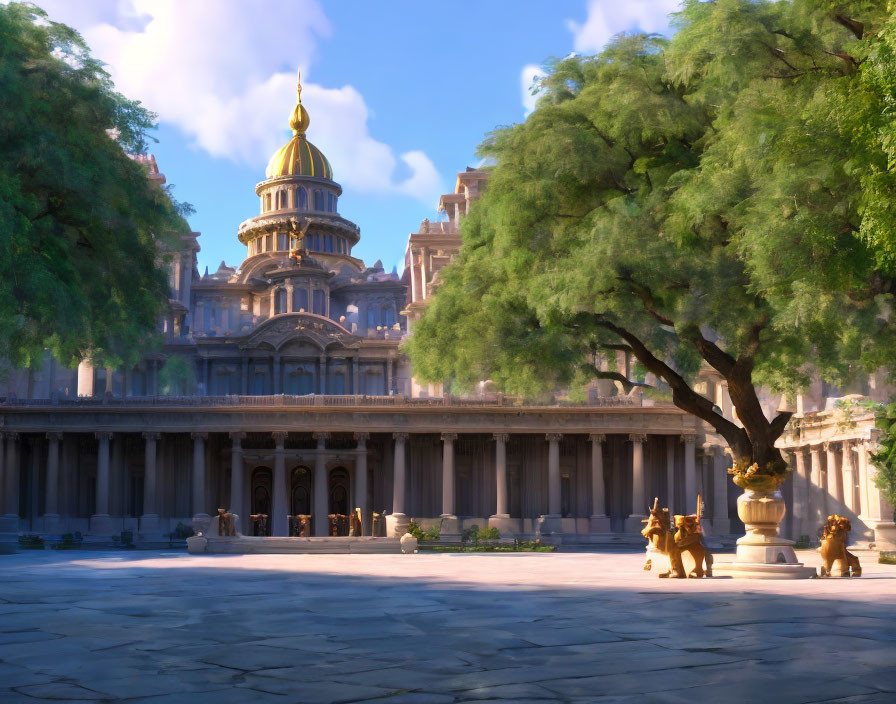 Majestic building with golden dome and columns, two canine creatures in courtyard